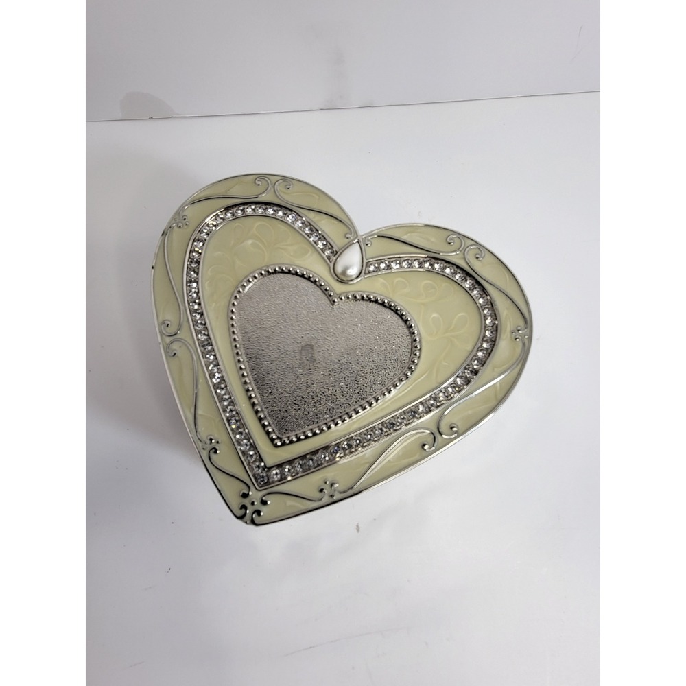 Things Remembered Heart Jewelry Box Silver Tone Rhinestone Enamel Photo Lid